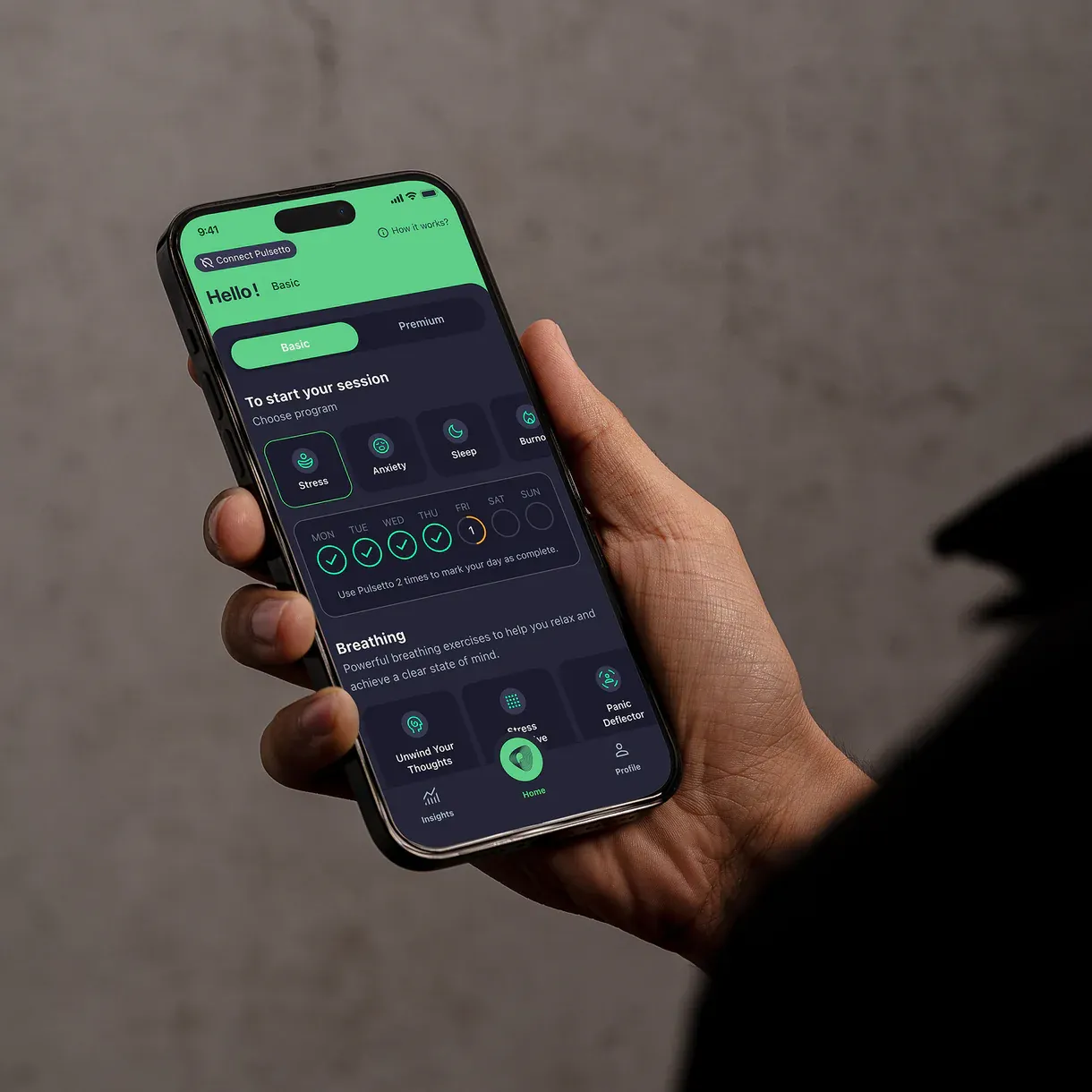 Pulsetto companion app showing stress, anxiety and sleep programs